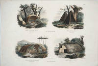image of Nlle. Hollande. Cabanes du port du Roi Georges (3 pieds de haut) (with) Cabanes de la baie Jervis (6 pieds de haut.) with Nlle. Zelande. Cabanes de l'anse de l'Astrolabe (3 pieds de haut.) (with) Cabanes de l'anse des torrens. (4 piedes de haut.). Color lithograph