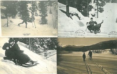 Fire postkort med motiver fra skisport og aking.…