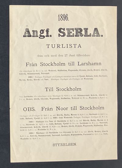 [Ångfartyg] 1896. Ångf. Serla. Turlista från och…