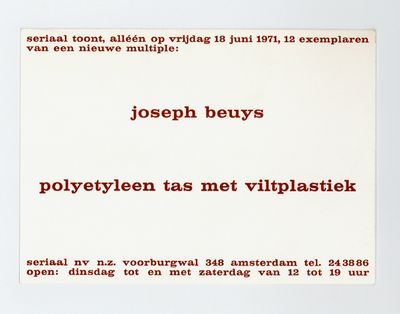 Announcement card: Joseph Beuys: polyetyleen tas met viltplastiek (18 June 1971)