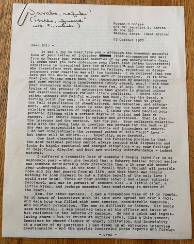 Typed Letter Signed, Masaku, Kenya, to Eric Vega, Poughkeepsie, New York, October 23, 1977
