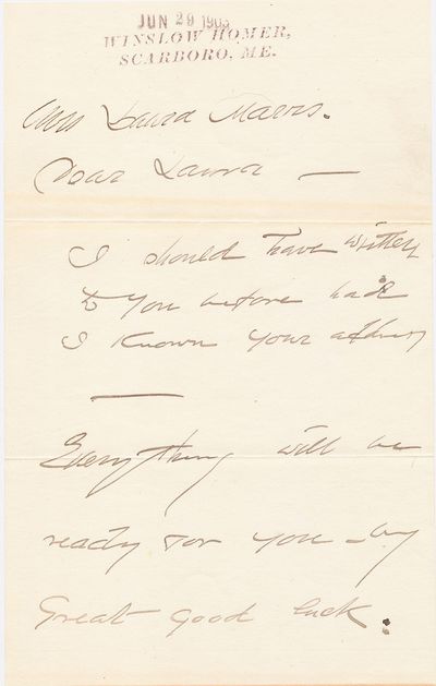 HOMER, WINSLOW. Autograph Letter Signed mentioning paintings