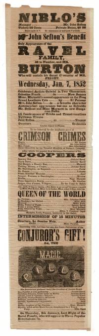 Niblo's. Manager ... Mr. John Sefton. Tickets 50 cents ... private boxes, $5.00. John Sefton's benefit. Only appearance of the Ravel family, 26 in number, and Mr. Burton who will sustain his great character of Mr. Fright ... To be followed by the laughable piece Crimson Crimes ... Concluding with, last time but one, the comic pantomime of the Conjurer's Gift! Or, the Magic Pills