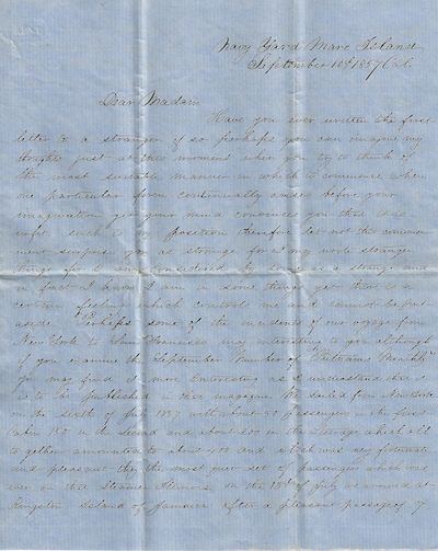 1857 – A letter describing a voyage from New York City to San Francisco, California to include crossing the Isthmus via the Panama Railroad from a young man, relocating from Maine with his mother and siblings to join their father, a federal construction supervisor at Vallejo