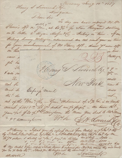 1837 - "TO DAY WE HAVE ENDORSED Mr. WM FLEMMING'S DFT TO YOU . . . FOR NINE THOUSAND DOLLARS ON A/C COTTON TO HEYAN MACGEE. . .." An uncommon, triple-rate Express Mail letter used to provide timely and detailed purchasing instructions in the rapidly fluctuating cotton market