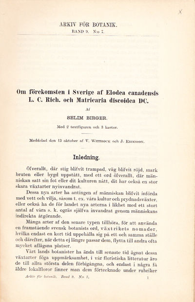 Om förekomsten i Sverige af Elodea canadensis L.…