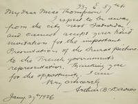 Autograph Letter, signed ("Very sincerely Arthur B. Davies"), to Florence Thompson