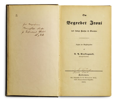 Om Begrebet Ironi med stadigt hensyn til Socrates. Af S. A. Kierkegaard. - [ARGUABLY THE BEST POSSIBLE COPY ONE CAN EVER HOPE TO ACQUIRE OF KIERKEGAARD’S DISSERTATION – ONE OF TWO COPIES ON THICK VELLUM PAPER] (photo 1)