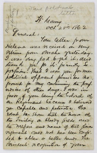[Autograph Letter, Signed, from Nebraska Territory Pioneer George L. Miller to Nebraska General Samuel Ryan Curtis, Reporting on Some Dirty Politics and Including a Brief Appraisal of the Frontier Town of Omaha]