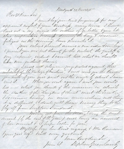 Autograph Letter Signed, New York, November 24, 1845, to Rev. [Joseph] Ransom, Westford, Otsego County, New York