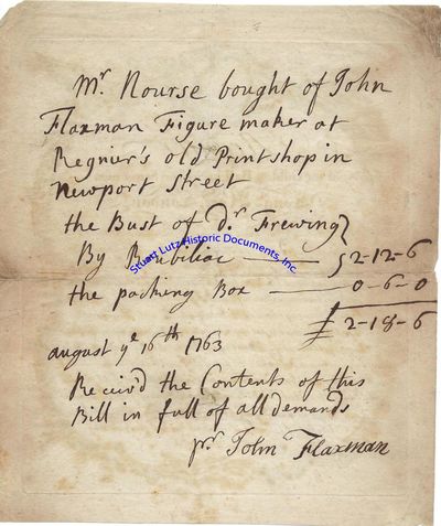 Receipt Written By British Artist John Flaxman For Payment Made By John Nourse, An English Bookseller And Friend Of Benjamin Franklin