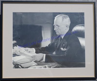 Harry Truman Signs A Giant Photograph To Political Rival Pat McCarran<p> </p><p><strong>DWIGHT EISENHOWER </strong>(1890-1969). Dwight Eisenhower was the Thirty-Fourth President.</p><p> </p><p>PS. 15” x 18”. N.d. N.p. A colored photograph signed <em>“<strong>Dwight Eisenhower</strong>”</em> in white ink along his right shoulder. The photo is a bust portrait of Eisenhower. The photograph is in mint condition and is professionally framed.