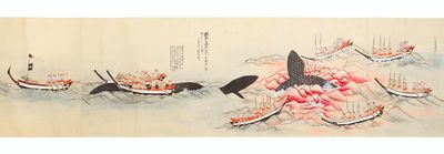 A long, dramatic, and very finely illustrated scroll on paper (backed with mica paper & with wormholes repaired) with many fine brush and color paintings, including the use of gold & silver