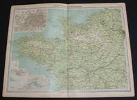 image of Map of "France - North-Western Section" from 1920 Times Atlas (Plate 28) covering Paris, Rouen, Le Havre, Rennes, Le Mans, Brest, Nantes, Angers, Tours and Poitiers and including the Channel Islands and an inset plan of Paris
