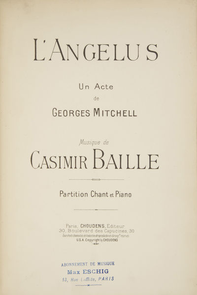 L'Angelus Un Acte de Georges Mitchell ... Partition Chant et Piano. [Piano-vocal score]