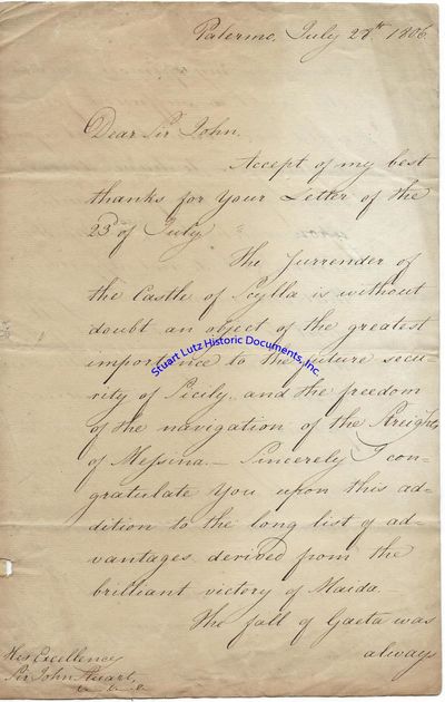 Hugh Elliot, British Diplomat To Naples, Writes To Sir John Stuart, British Lieutenant General During Napoleonic Wars, During The Siege Of Sicily: The Surrender Of The Castle Of Scylla Is Without Doubt An Object Of The Greatest Importance To The Future Security Of Sicily And The Freedom Of The Navigation Of The Freights Of Messina