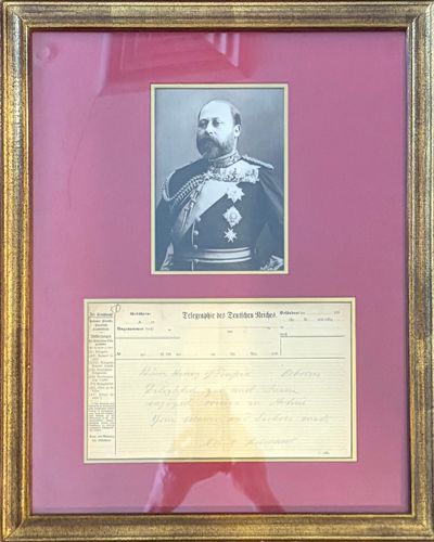 framed. near fine. German Telegran hand-written and signed as Albert Edward. Framed with portrait ph...