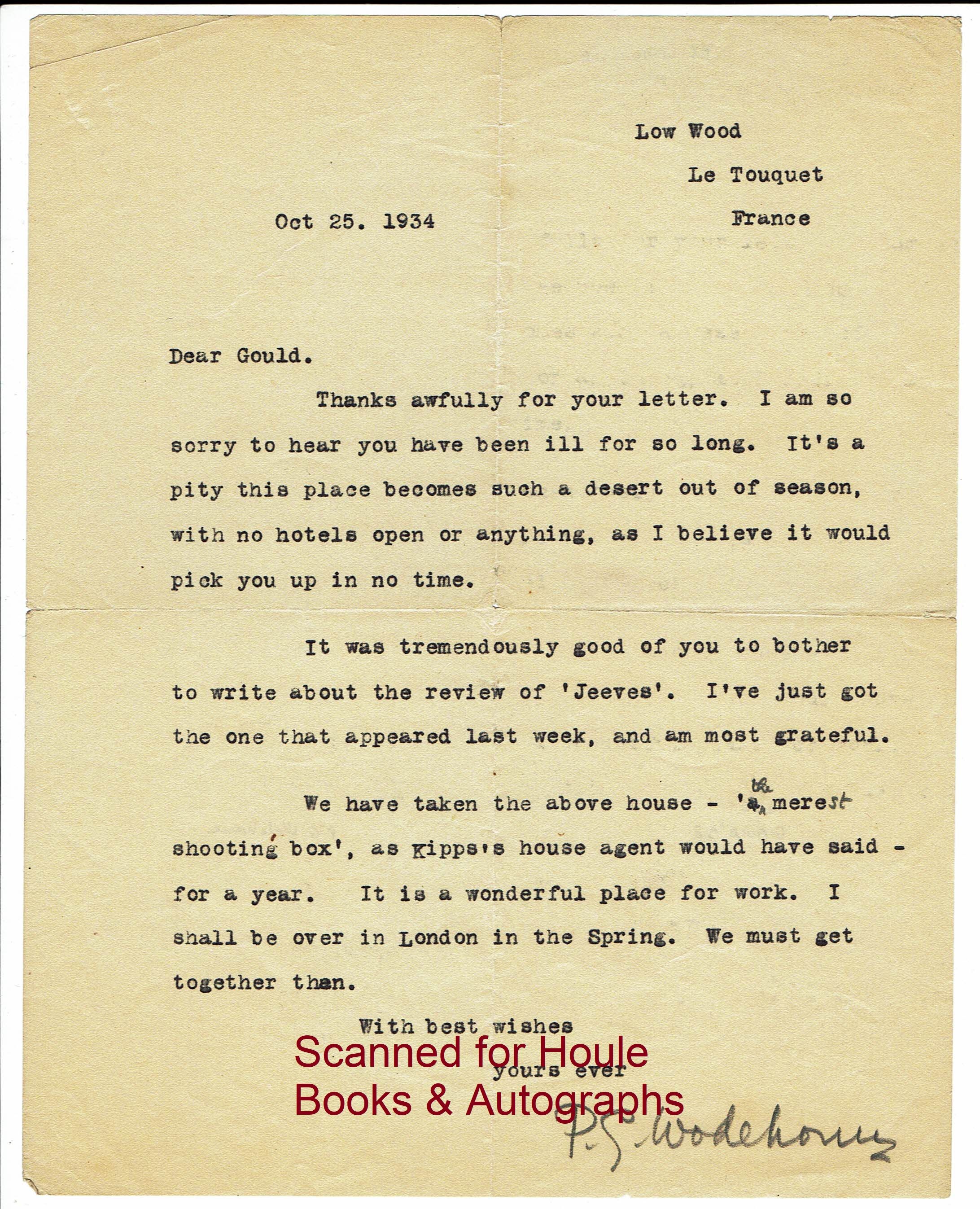 BIBLIO | Typed Letter Signed (in pencil) by Wodehouse, P. G | | 1934