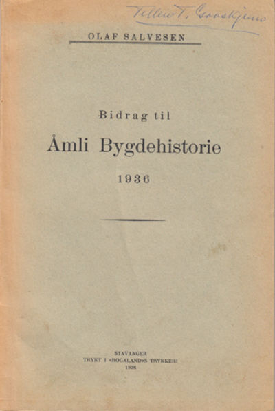 Bidrag til Åmli Bygdehistorie 1936.