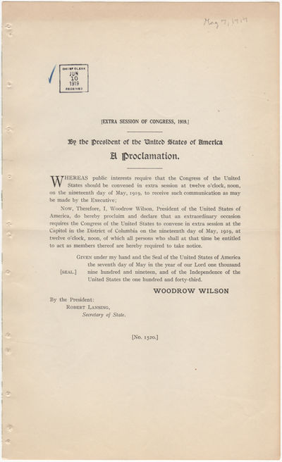 [Extra Session of Congress, 1919]. By the President of the United States of America A Proclamation