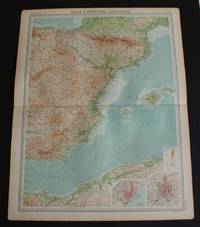 image of Map of Eastern Spain including the Pyrenees, Andorra and the Balearic Islands from 1920 Times Atlas (Plate 34 "Spain & Portugal - Eastern Section") with inset plans of Barcelona and Madrid