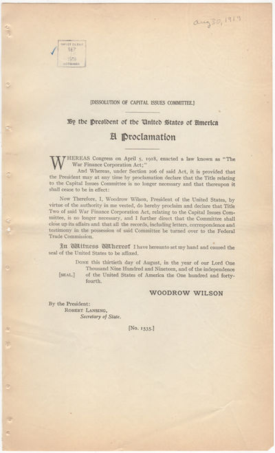 [Dissolution of Capital Issues Committee]. By the President of the United States of America A Proclamation