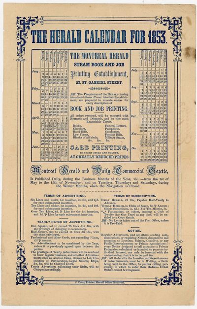 Advertising Calendar Montreal Herald and Daily Commercial Gazette Calendar 1853