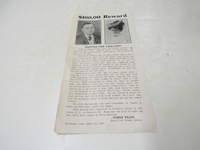 $100.00 Reward Wanted For Adultery Thomas E. Mason and Edna Leek who eloped together February 9, 1908