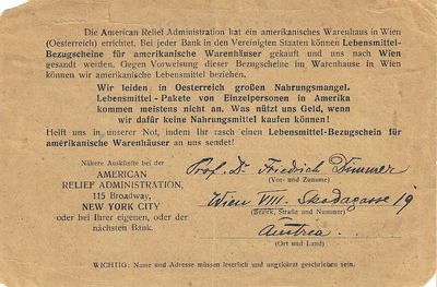 1920 – Two printed postcard requests from Austria asking American relatives to purchase and send Food Drafts exchange for rations from the American Relief Warehouse in Vienna