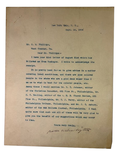 Typed Letter, signed, dated September 16, 1908. To G. M. Phillips of West Chester, Pennsylvania