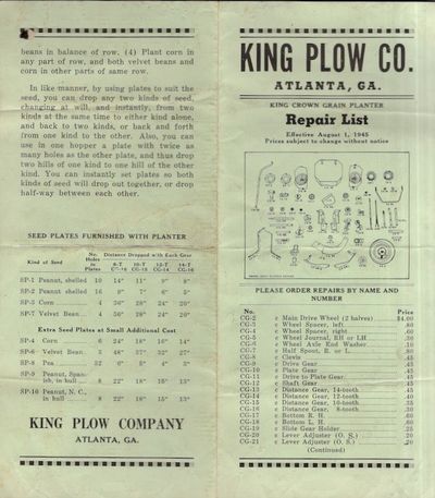 King Plow Co. Atlanta, Ga. King Plow Grain Planter Repair List