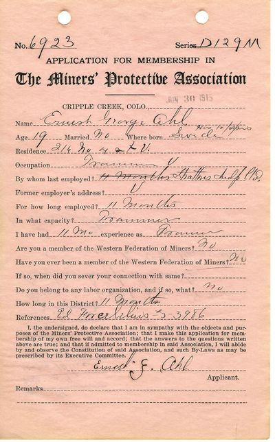 , lists his occupation as trammer, and claims eleven months' experience at Stratton's Independence M...