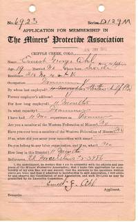 APPLICATION FOR MEMBERSHIP IN THE MINERS' PROTECTIVE ASSOCIATION, DATED AT CRIPPLE CREEK, COLORADO, JUNE 30, 1915, COMPLETED BY ERNEST GEORGE AHL, AGE 19