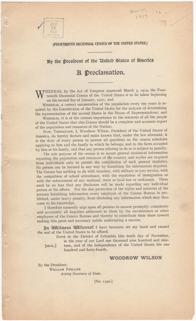 [Fourteenth Decennial Census of the United States]. By the President of the United States of America. A Proclamation