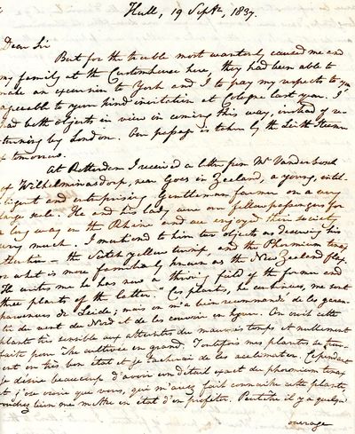 Autograph Letter Signed, Hull, September 19, 1837, to C. Waterton, Esq., of Walton Hall, near Wakefield