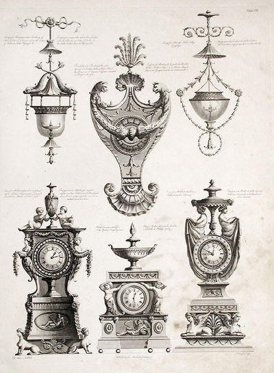 Various Furnishings, Including Decorative Clocks, an Ornamental Knocker, and Two Hanging Lights