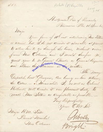 Union Army Brass Alexander Asboth And Joseph Reynolds Communicate About Letting A Civilian Cross Through Military Lines At Pensacola