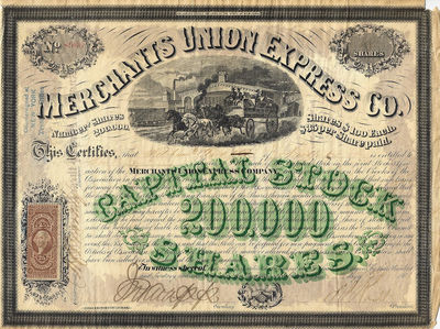 1868 - Stock Certificate issued by the Merchants Union Express Company immediately before it merged with a crippled American Express Company after two years of cutthroat competition