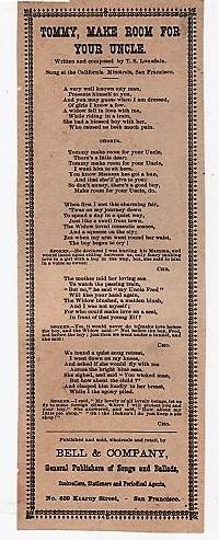cover of Song sheet: TOMMY, MAKE ROOM FOR YOUR UNCLE. Written and composed by T.S. Lonsdale. Sung at the California Minstrels, San Francisco
