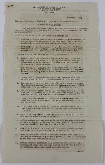 [Memoranda Containing Instructions for Final Reports on the Minidoka Internment Camp Following Its Closure]