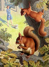 Squirrels in a tree with a girl and dog below