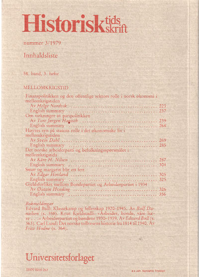 Historisk tidsskrift  nr 3/1979. Mellomkrigstid,…