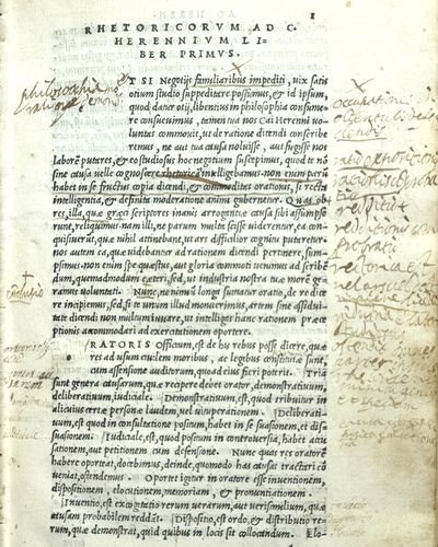 In hoc volumine haec continentur. Rhetoricorum ad C. Herennium lib. IIII. M. T. Ciceronis De inventione lib. II. De oratore ad Quintum fratrem lib. III. De claris oratoribus, qui dicitur Brutus lib. I ... De optimo genere oratorum praefatio quaedam