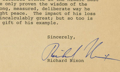 President Richard M. Nixon Immortalizes Egypt’s Assassinated President Anwar el-Sadat in a Letter to His Widow: ""Men are mortal but the spirit of a man of peace is immortal because it lives on in the millions he has inspired.""