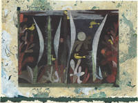 image of Landscape with Yellow Birds full image and detail on one-of-a-kind hand marbled paper compositions presented on a blank note cards.