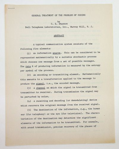 Murray Hill, N. J.: Bell Telephone Laboratories, Incorporated, 1950. Wraps. Near Fine. -6 leaves. 10...