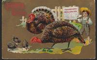 THANKSGIVING GREETINGS POSTCARD WITH BOY AND TURKEYS by Postcard - 1910 - from Gibson's Books (SKU: 80811)
