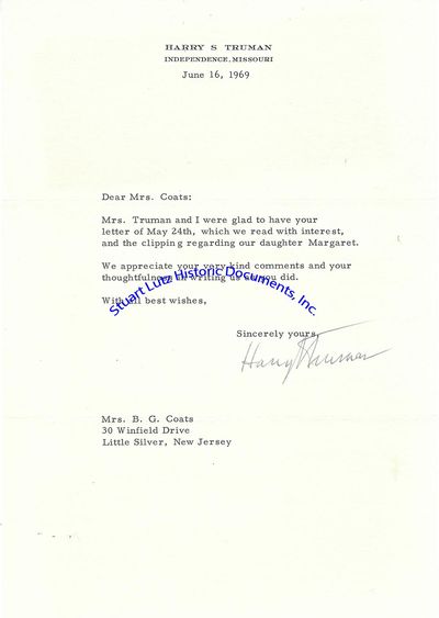 Harry Truman Thanks A Woman For The Clipping Regarding Our Daughter Margaret