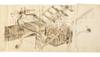 A collection of drawings, including a fine & extended drawing, in brush & wash colors, of a ship’s steam engine and it parts; along with one more smaller drawing of the furnace; and 12 architectural drawings of various aspects of the Western ship; entitled on the wrapper “Joki shikari kumiawase mitori no zu” [“Steam Engine Parts, the Design of the Ship, and Its Assemblage”]