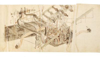 A collection of drawings, including a fine & extended drawing, in brush & wash colors, of a ship’s steam engine and it parts; along with one more smaller drawing of the furnace; and 12 architectural drawings of various aspects of the Western ship; entitled on the wrapper “Joki shikari kumiawase mitori no zu” [“Steam Engine Parts, the Design of the Ship, and Its Assemblage”]